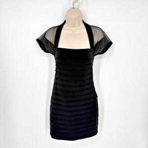 Maggy London Sheer Illusion Back Pleated Dress Sz 6 Black Sheath Tiered Lined